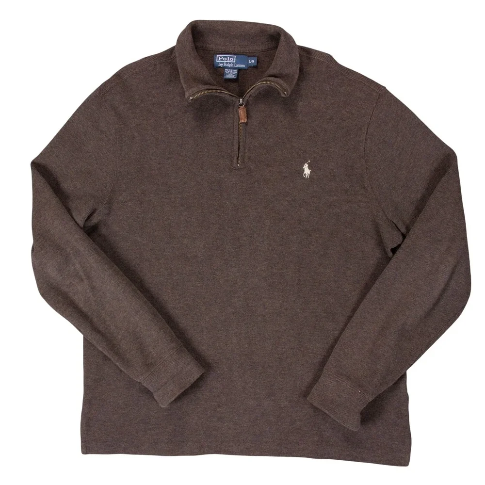 VTG Polo Ralph Lauren Mens Large Brown 1/4 Zip Pullover Sweater 100% Cotton Y2K